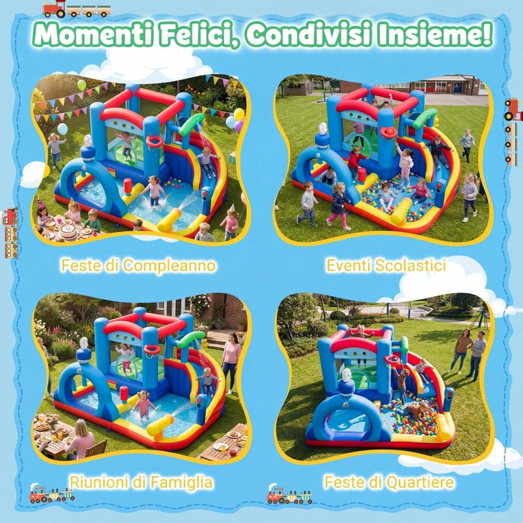 Castello Gonfiabile per Bambini, Casa Gonfiabile con Piscina, Cannone d'Acqua, Gioco con Anelli, Gioco a Bersaglio e Parete d'Arrampicata, Parco Acquatico da 3-12 Anni per Esterno