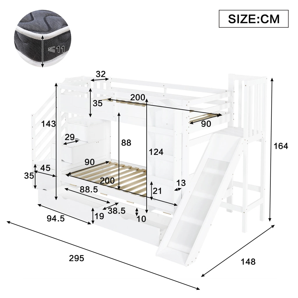 Letto a castello per bambini con scivolo; scala contenitore e 2 cassetti; bianco; 90x200 cm