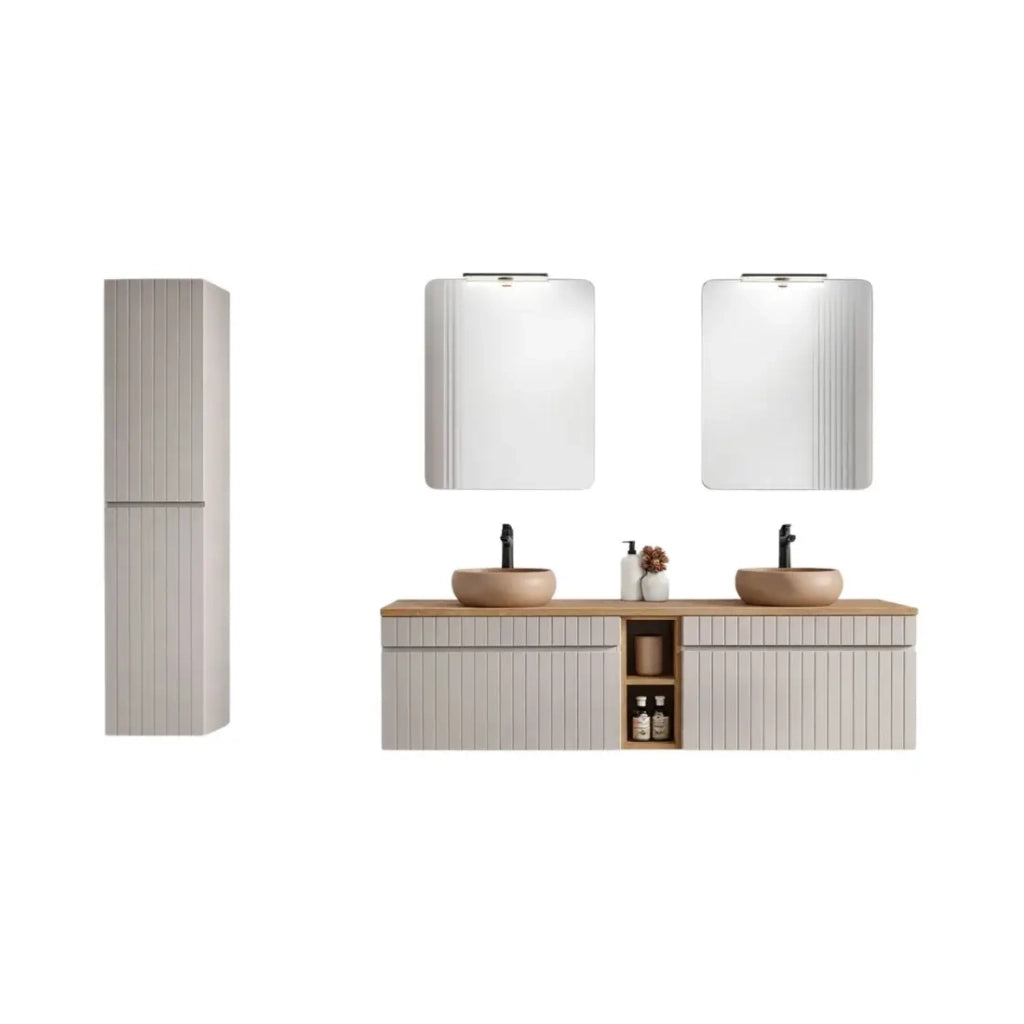 Set ICON: mobile sottolavabo 180cm con nicchie visibili + 2 lavabi rotondi da appoggio + 2 specchi + 2 lampade LED + colonna