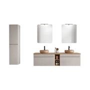 Set ICON: mobile sottolavabo 180cm con nicchie visibili + 2 lavabi rotondi da appoggio + 2 specchi + 2 lampade LED + colonna