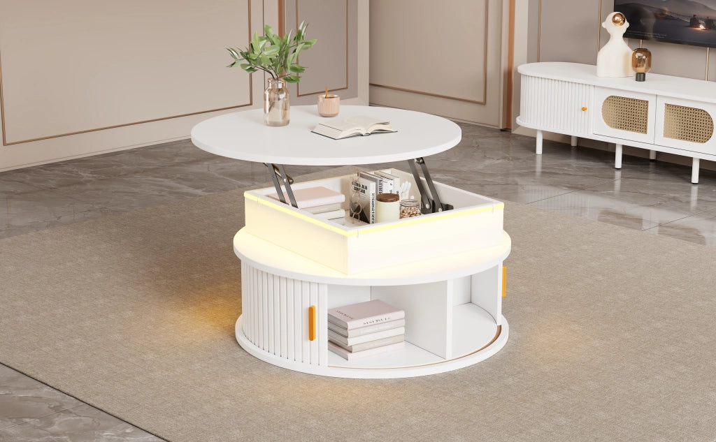 TAVOLO da caffè regolabile in altezza 75x75x52 cm MDF bianco con LED e contenitore