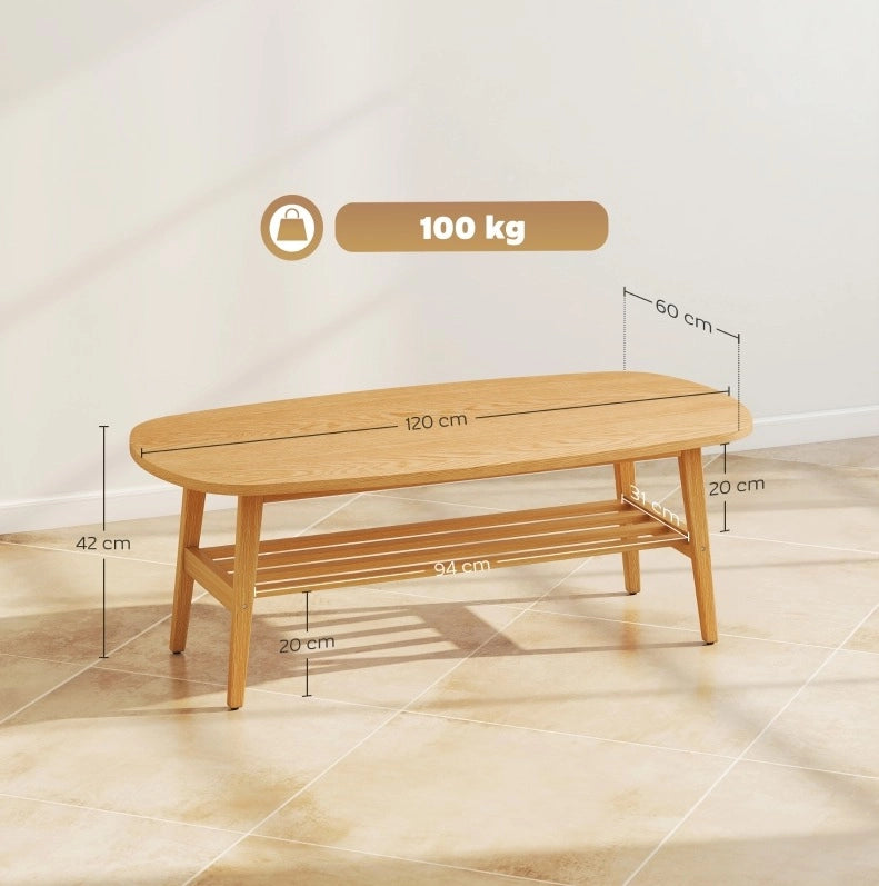Tavolino da caffè 120x60x42 cm con ripiano inferiore in legno naturale