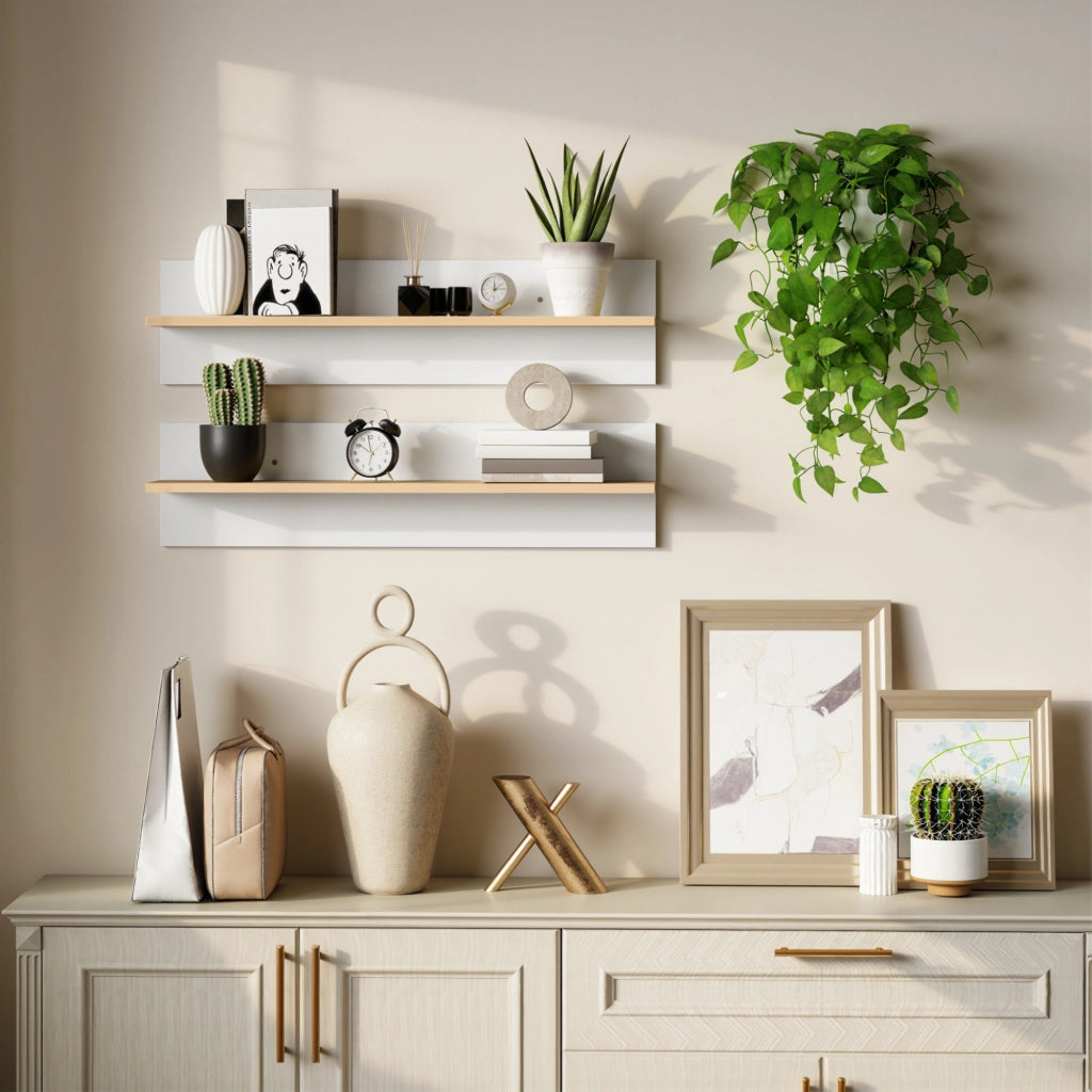 Scaffale a Parete 2 Pezzi ¨C Zephmum ¨C Bianco e Legno Naturale 60x24x