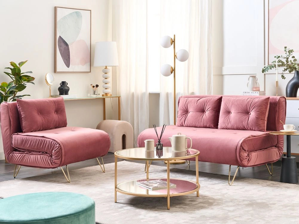 Set di 2 divani letto a 2 e 1 posto in velluto rosa con cuscini e gambe in metallo soggiorno glamour elegante