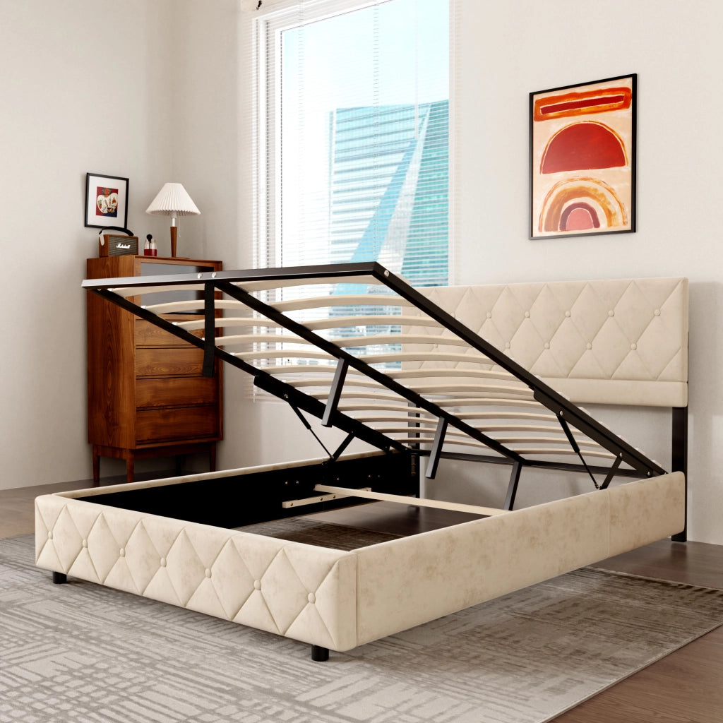 Letto matrimoniale imbottito 140x200 cm beige in velluto con rete a doghe e struttura in MDF, compensato e ferro