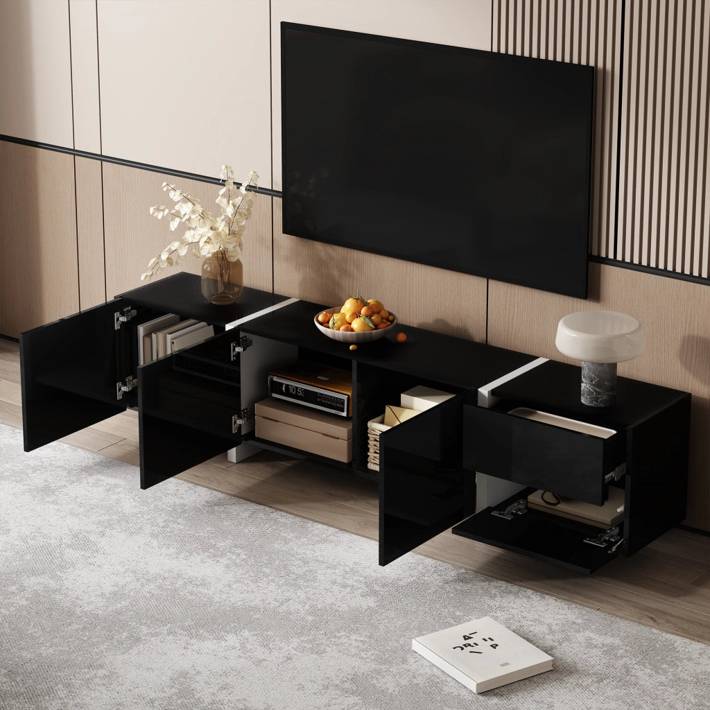 Mobile TV con 3 Ante; 1 Cassetto e 1 Anta a Ribalta con LED; Frontali Lucidi; in Truciolare; 170??30??39 cm; Nero Bianco