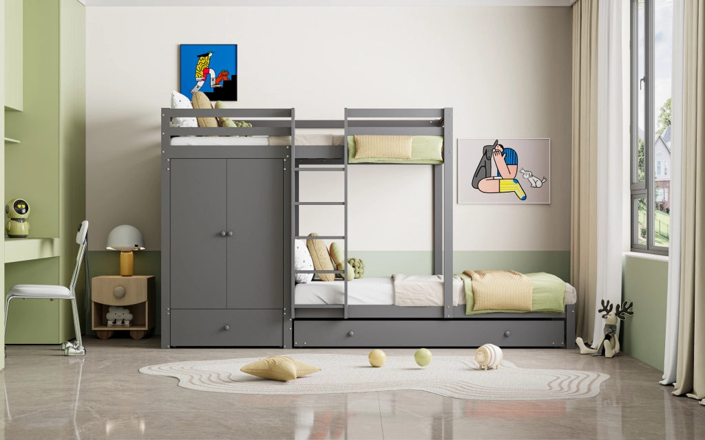 Letto a castello multifunzione 90x200 cm con letto estraibile; armadio e cassetti; in legno grigio