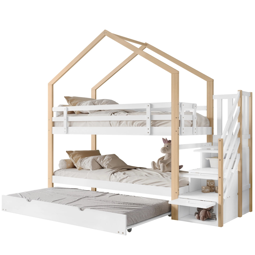 Letto a Castello Estraibile 90x200 cm e 90x190 cm; Letto 3 Posti; con Scala con Cassetti - in Legno e MDF - Bianco Naturale