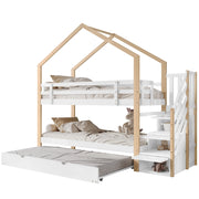 Letto a Castello Estraibile 90x200 cm e 90x190 cm; Letto 3 Posti; con Scala con Cassetti - in Legno e MDF - Bianco Naturale