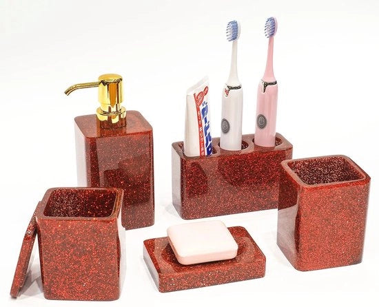 Set accessori bagno 5 pezzi Dispensatore di sapone rosso Scatola per saponi Tappo per dentiera Cassetto per spugne Box per bicchieri - Decorazione per Natale per la casa nuova