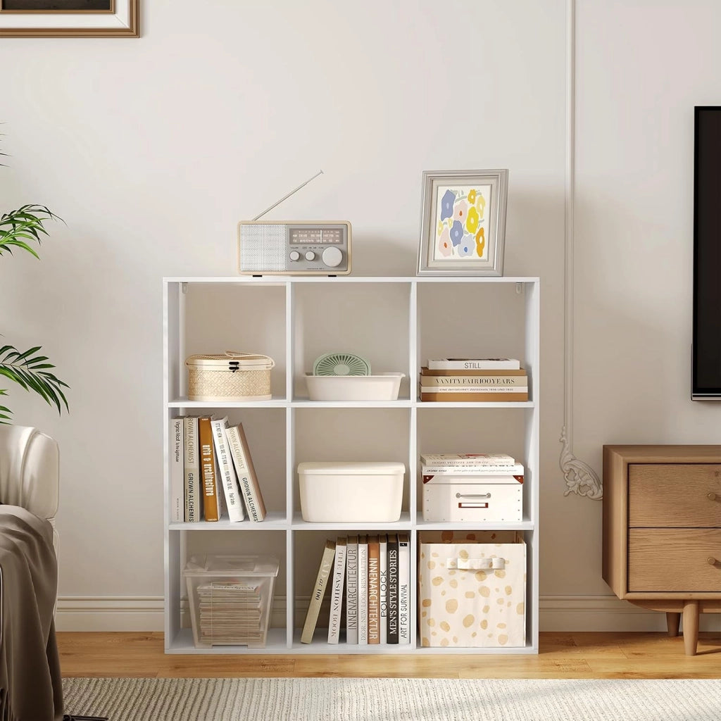 Libreria a 9 Cubi, Scaffale di Stoccaggio a 9 Cubi, Divisorio per Libreria, Mobile di Stoccaggio per Soggiorno e Ufficio, Bianco, 94x29,5x93 cm, SK047ws