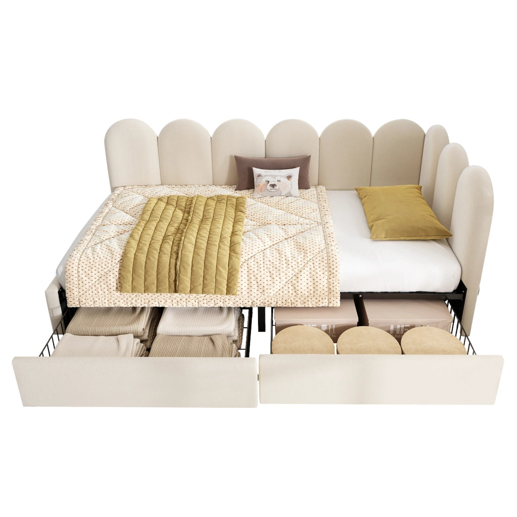 Letto a Divanetto 90x190 cm; Letto Singolo - 2 Cassetti - in Velluto - Beige