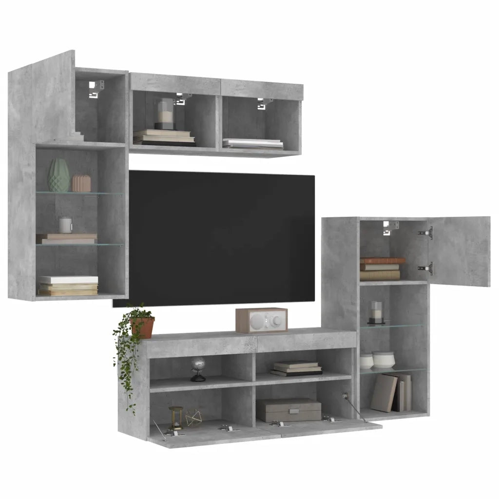 Mobili TV a Muro con LED 5pz Grigio Cemento Legno Multistrato 3216728