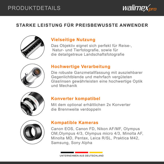 Teleobiettivo 650-1300mm 1:8-16 CSC compatibile con Pentax K – Zoom tele, focus manuale, per full-frame e APS-C – con coperchio e borsa di trasporto