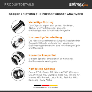 Teleobiettivo 650-1300mm 1:8-16 CSC compatibile con Pentax K – Zoom tele, focus manuale, per full-frame e APS-C – con coperchio e borsa di trasporto