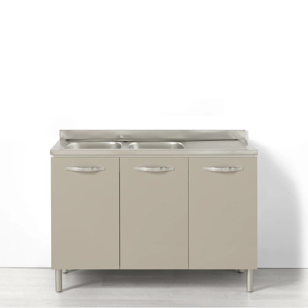 Sotto lavello per cucina componibile da 120 cm con 3 ante linea MAKA, realizzata in legno 100% MADE IN ITALY colore Tortora, con Lavello Vasche a Sinistra