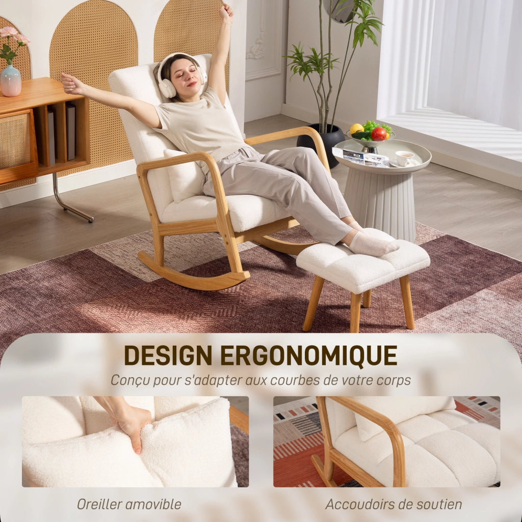 Poltrona a Dondolo con Poggiapiedi in Tessuto Boucl¨¦ e Gambe in Legno ¨C Minimal ¨C 64.5x82x89 cm Bianco