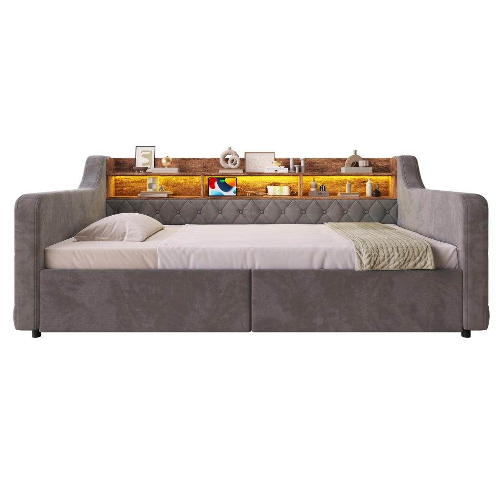 Letto singolo imbottito 90x190 cm con LED, ricarica e 2 cassetti