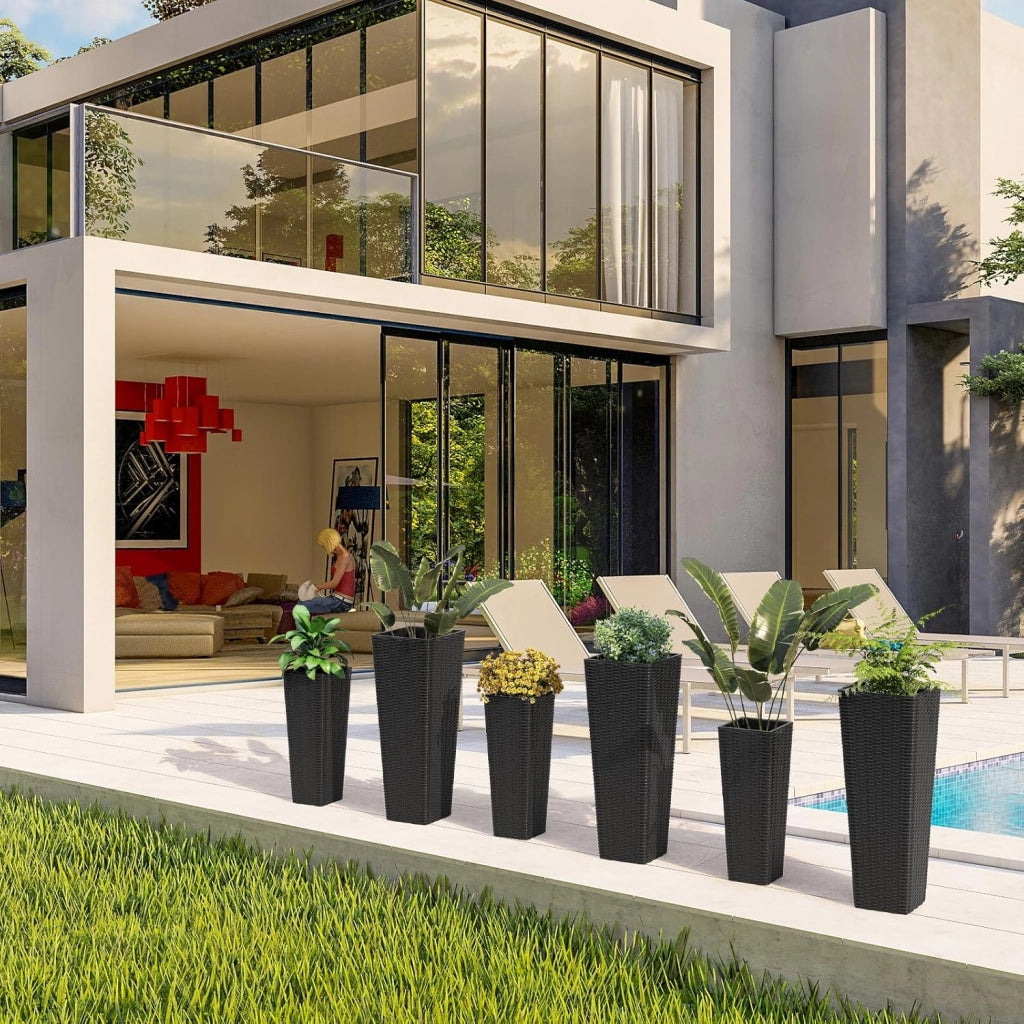 2 Vasi Alti per Piante da Interno ed Esterno, Grandi Fioriere in Rattan con Vassoi Interni Rimovibili, Fori di Drenaggio, Fioriere Decorative per Giardino, Cortile e Balcone (Nero)