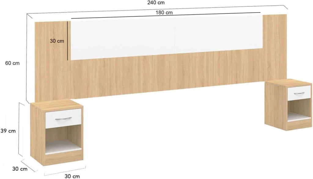 Cabecero SAPA para cama 140 y 160 CM con mesillas efecto madera y blanco