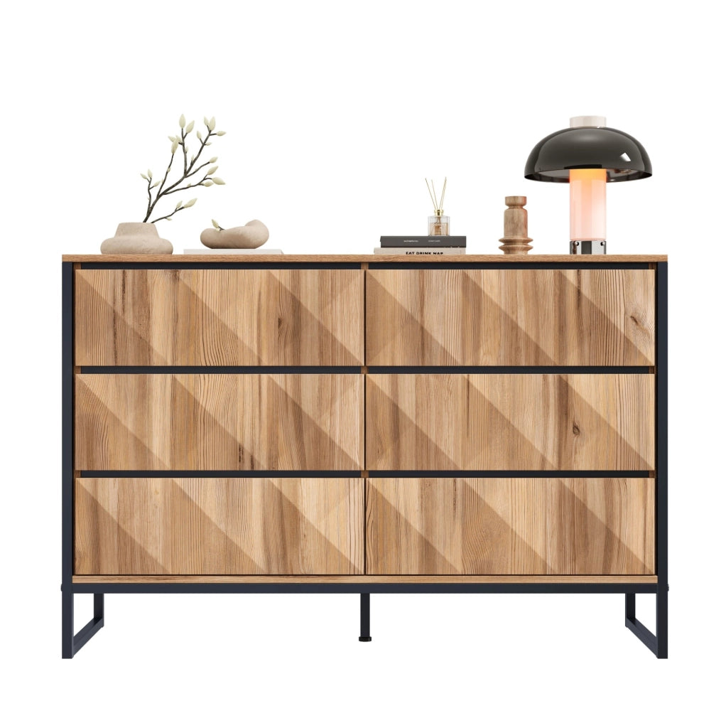 Credenza con 6 cassetti 120x40x80 cm in truciolare e MDF; nero e naturale