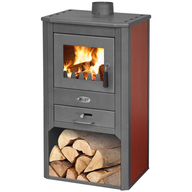 Stufa a legna con vano portalegna blist atene s potenza termica 9 kw 100 m3 colore bordeaux