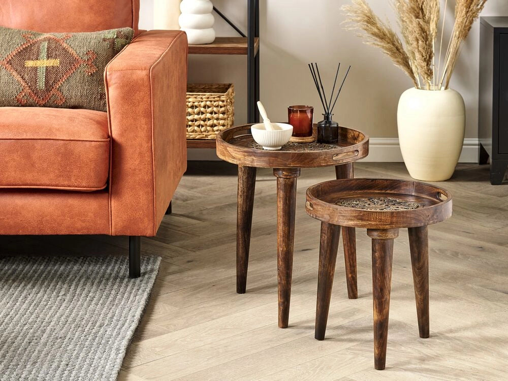 Set di 2 tavolini in legno di mango scuro realizzato a mano effetto usurato soggiorno camera da letto
