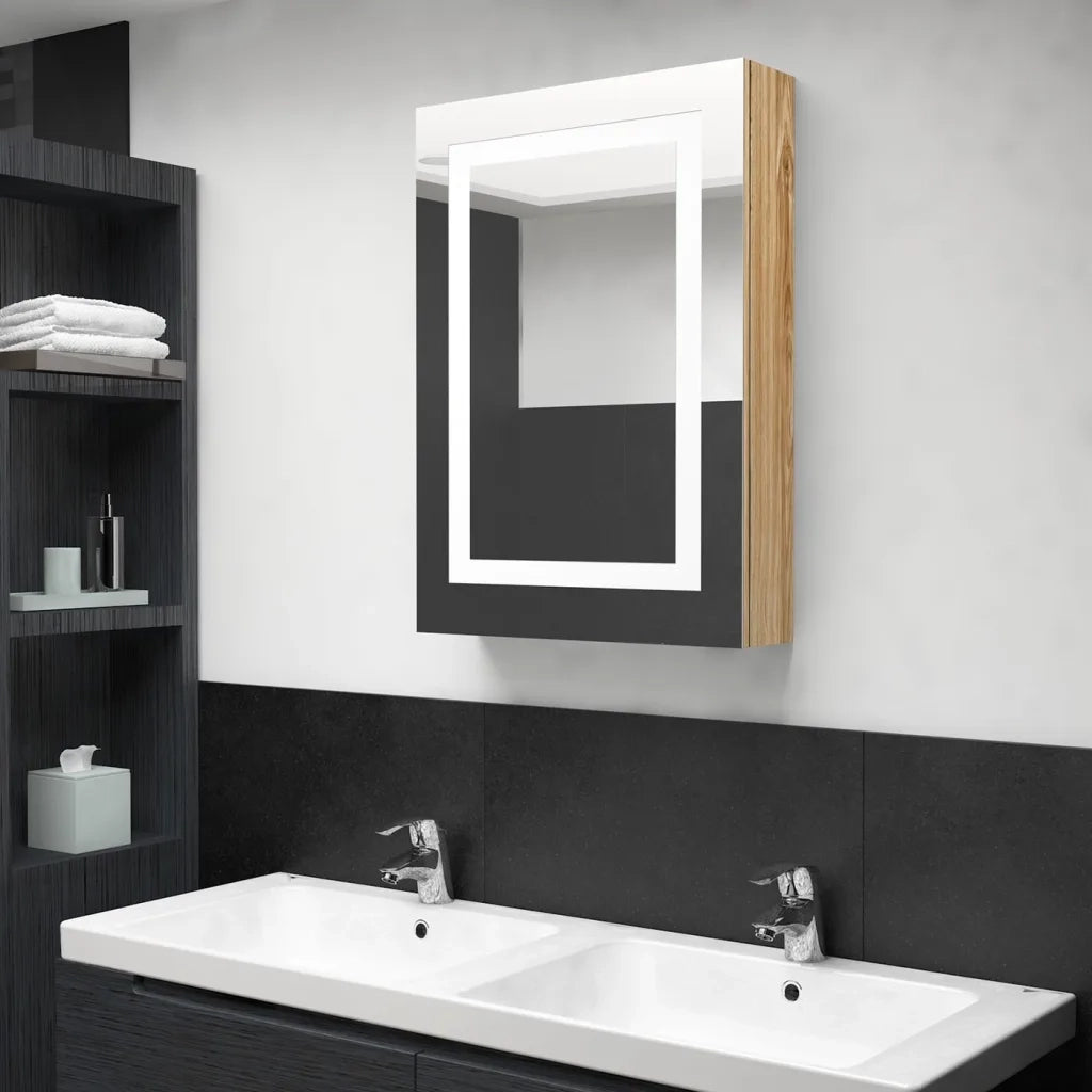 Armadietto Bagno | Armadio da bagno con Specchio e LED Rovere 50x13x70 cm
