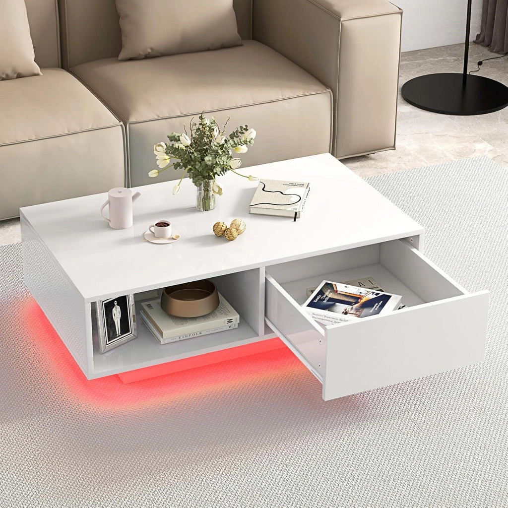 Tavolino da Salotto in Legno, Tavolino Moderno e Rettangolare con 20 Colori di Luci a LED, Telecomando, Cassetto e Ripiano Aperto, Tavolino per Studio e Ufficio (Bianco)