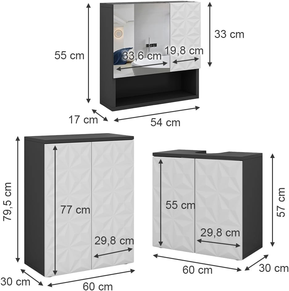 Set di mobili da bagno Edge, Nero, 60 cm, composto da mobile sottolavabo, specchiera e mobile medio