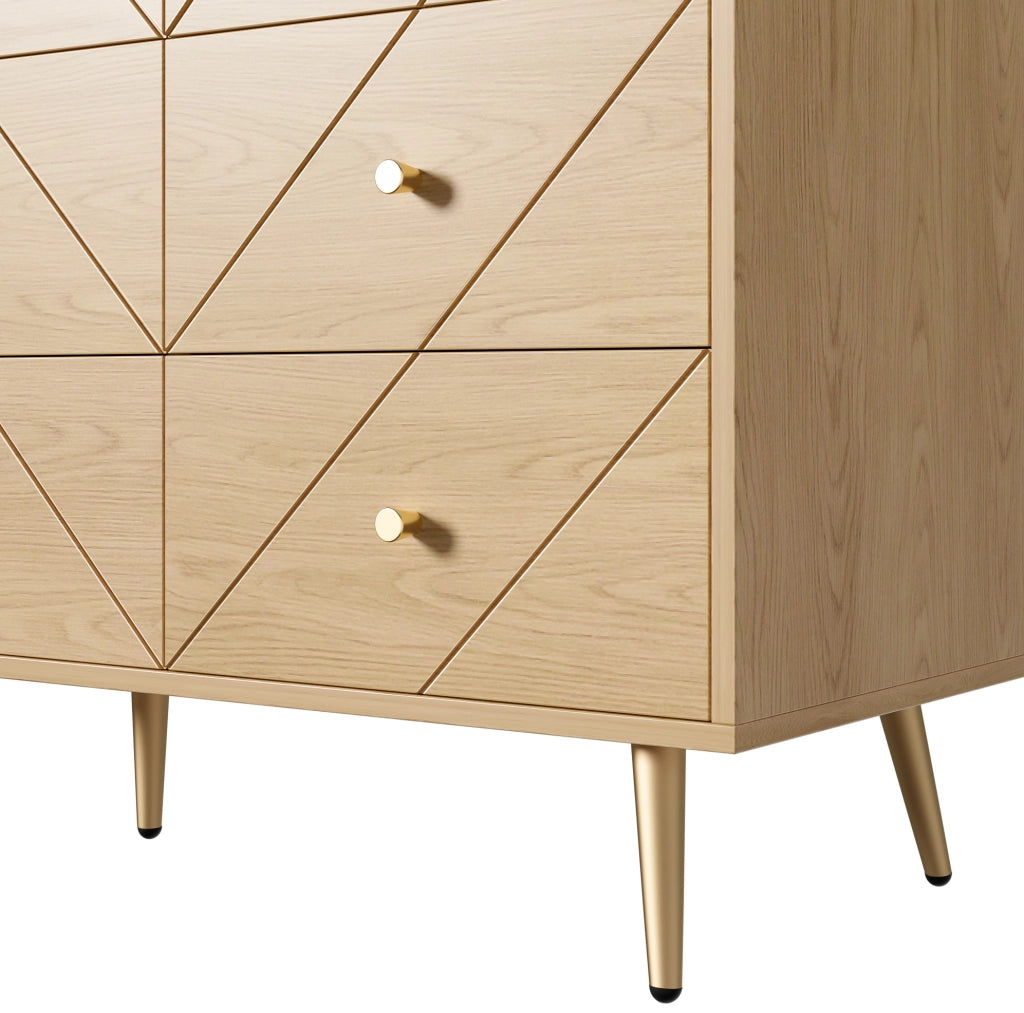 Cassettiera 120x39x80 cm; 9 cassetti con gambe in ferro; pannello truciolare; naturale