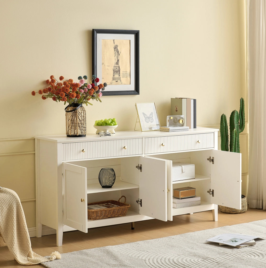 Credenza bianca opaca in MDF con 2 cassetti e 4 ante; 160 x 40 x 82 cm