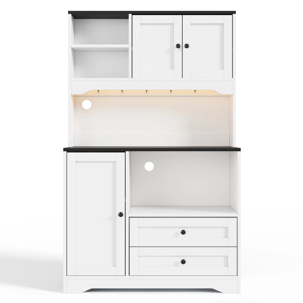Mobile Dispensa 100x40x163 cm Bianco con LED App, Vano Microonde, 2 Prese, 2 USB e 2 Cassetti