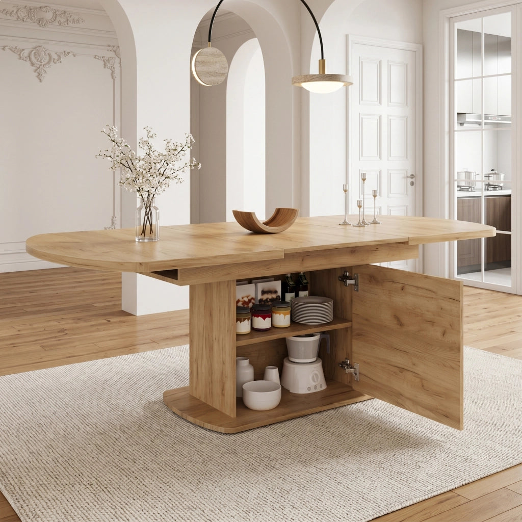 Tavolo da pranzo allungabile ovale con vani contenitore, multifunzione, per cucina e soggiorno, in truciolare, rovere