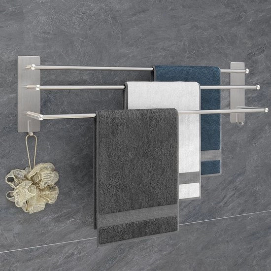 Sostegno per asciugamani 75 cm in acciaio inossidabile senza perforazione - Autoadesivo - 3 bracci - Incluso due ganci - Per cucina, bagno, camera