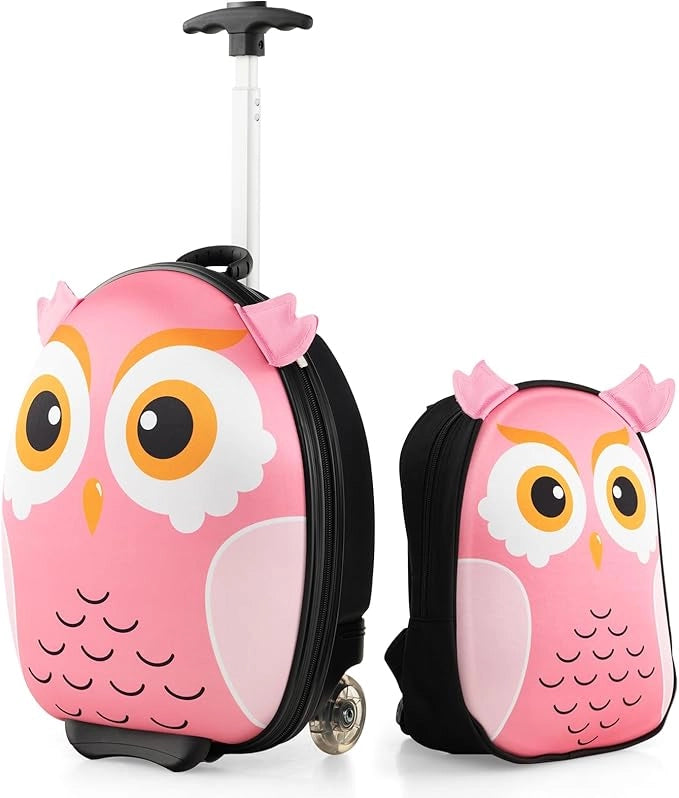 2 Pezzi Valigia per Bambini con Maniglia Retrattile + Zaino Bagaglio a Mano, con ruote girevoli a 360 ° (gufo 3)