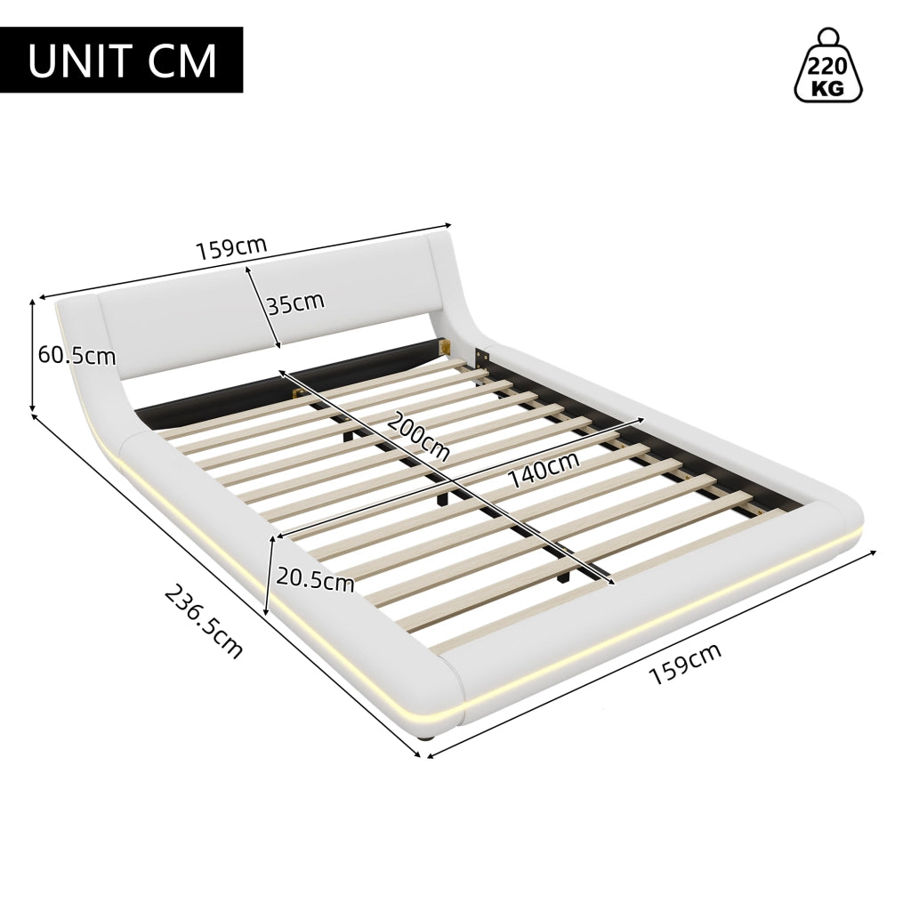 LETTO Basso 140x200 cm PU Bianco con LED Ambientale