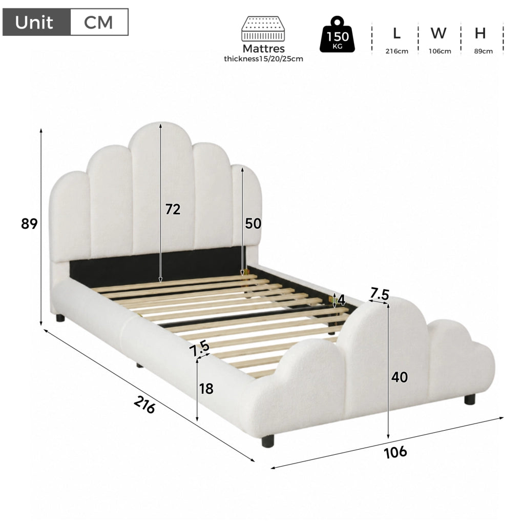 Letto imbottito 90x200 cm con angoli arrotondati in bouclé beige