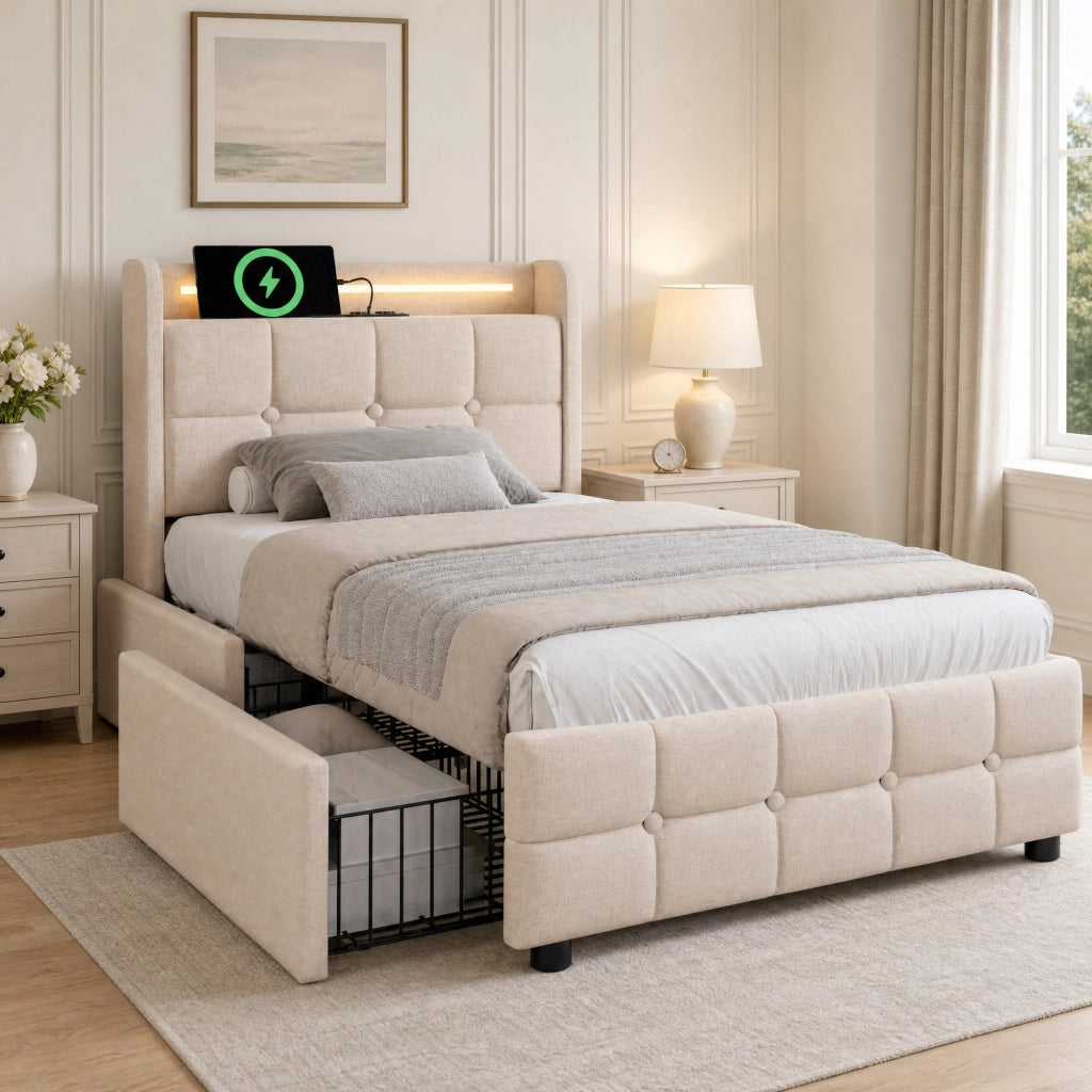 Letto singolo 90x200 cm con LED; USB; prese e 2 cassetti; beige