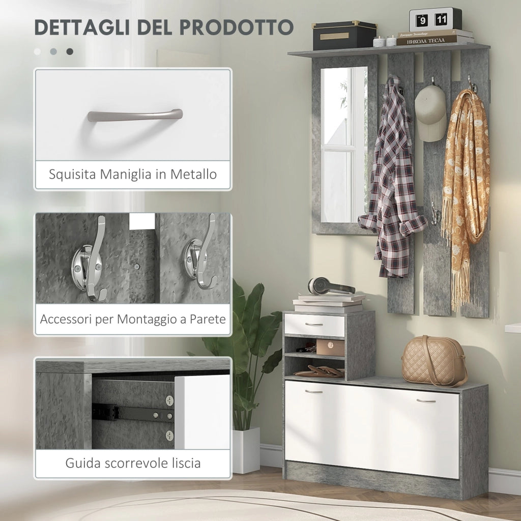 Mobile Guardaroba per Ingresso con Specchio Appendiabiti e Scarpiera Regolabile Grigio