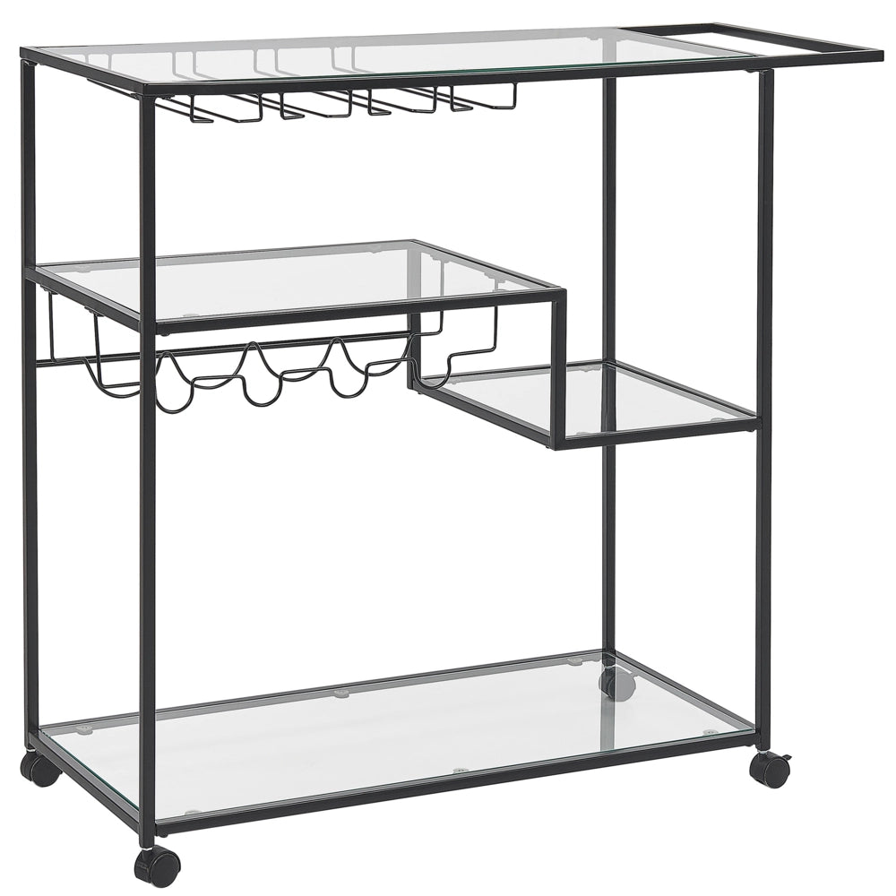 Carrello Cucina Ferro Nero Vetro Temperato 86 x 40 cm Ruote Industriali con Freni Portabottiglie Ripiani Sala da Pranzo