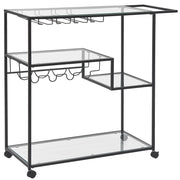 Carrello Cucina Ferro Nero Vetro Temperato 86 x 40 cm Ruote Industriali con Freni Portabottiglie Ripiani Sala da Pranzo