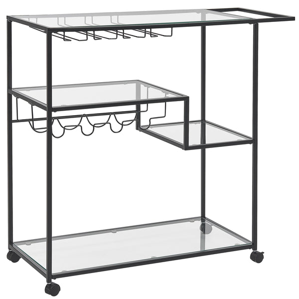 Carrello Cucina Ferro Nero Vetro Temperato 86 x 40 cm Ruote Industriali con Freni Portabottiglie Ripiani Sala da Pranzo