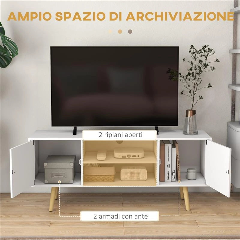 MOBILE TV 55" MAX CON 2 ARMADIETTI E 2 RIPIANI APERTI, IN LEGNO E TRUCIOLATO, 120X34X50 CM, BIANCO