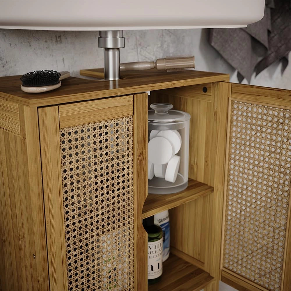 Mobiletto per lavabo Liora, Bambù, 48 x 60 cm, per la conservazione di articoli da bagno e asciugamani