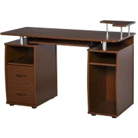 Scrivania per Computer Moderna Porta PC in Legno con Cassetti, Scrivania Salvaspazio Con Libreria, Mensola Estraibile e Porta Tastiera, 120x55x85cm, Marrone