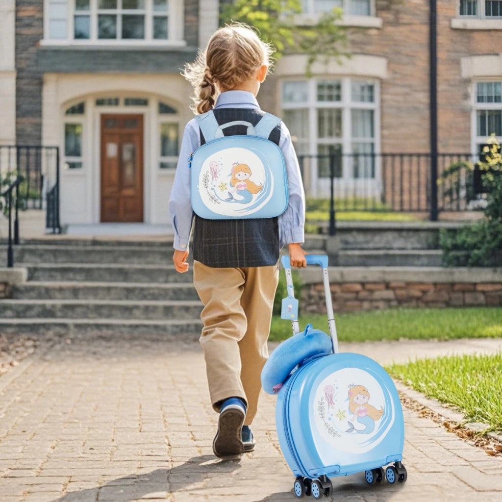Set di valigie per bambini, Set da 4 pezzi con valigia a mano zaino e cuscino per collo Blu+Bianco