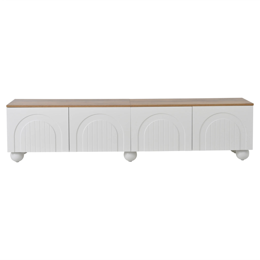 Mobile porta tv con 4 ante e 6 gambe metalliche, design con scanalature, mdf bianco e legno, 180 × 40 × 45 cm