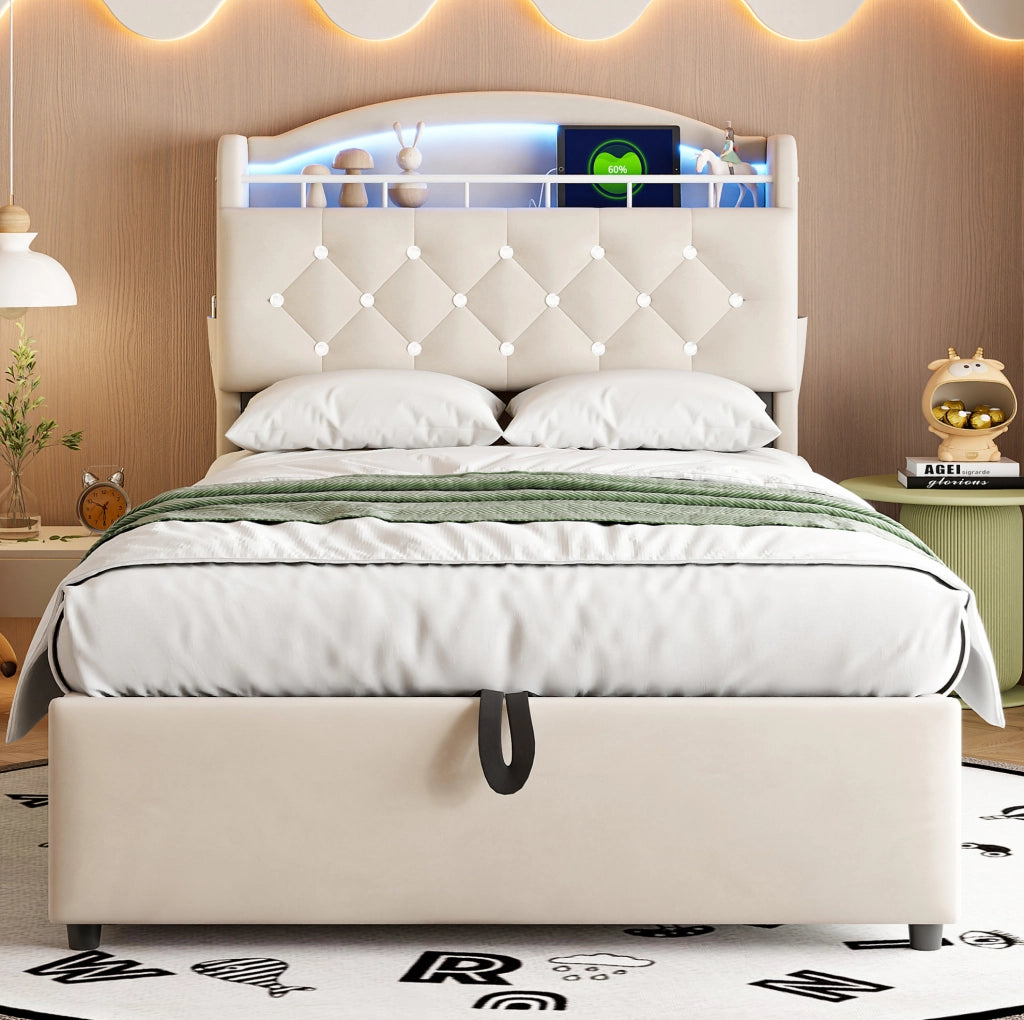 Letto singolo imbottito ULEVR 90x200 cm con contenitore a gas, LED, USB e Type-C, velluto beige