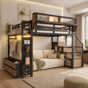 DESMIU Letto a soppalco 140 × 200 cm 2 posti con LED, ripiani, barra portaoggetti, senza materasso, nero